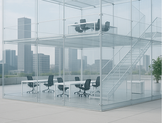 Settimana Corta Spazio ufficio moderno con struttura organizzativa trasparente, rappresentazione dei modelli di organizzazione del lavoro e settimana corta in azienda