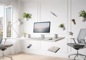 Postazione di lavoro in ufficio con oggetti sospesi, rappresentazione della flessibilità dell’orario di lavoro e del modello di settimana corta