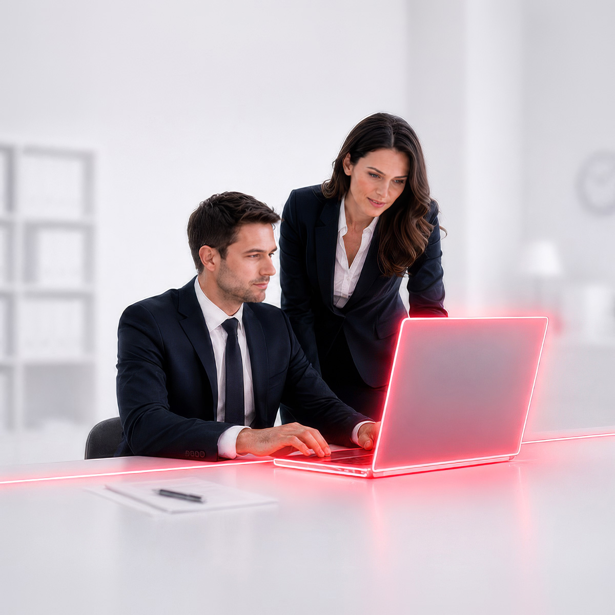 futuhro-consulenza-integrata-team Consulenti HR e giuslavoristi al laptop con profilo luminoso rosso Futuhro