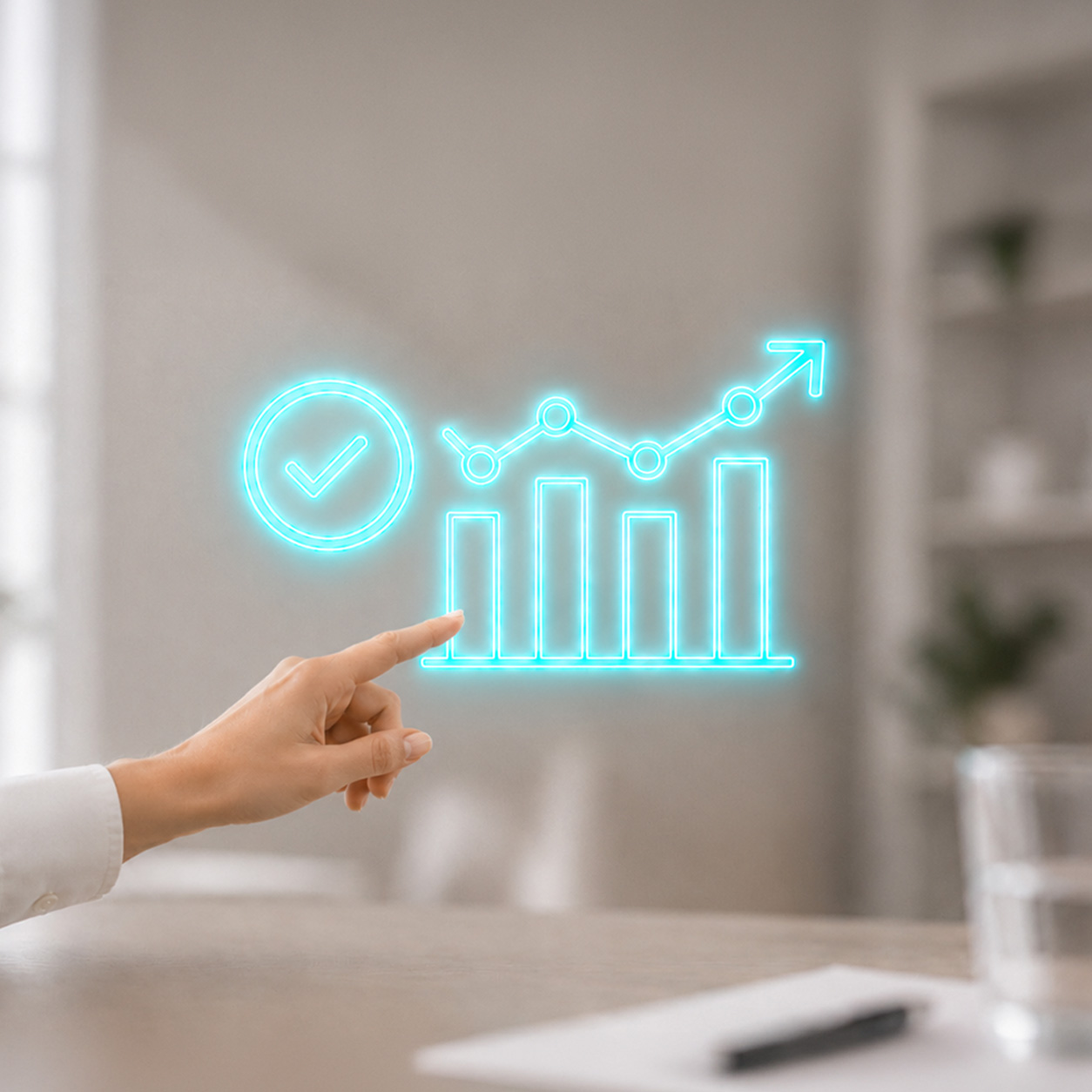 futuhro-compliance-hr Dito che seleziona un grafico di performance con spunta di conformità Futuhro